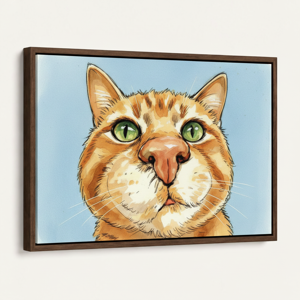 Framed canvas print of chubby orange tabby cat with green eyes, dark walnut frame angled view
