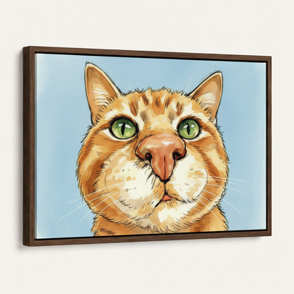 Framed canvas print of chubby orange tabby cat with green eyes, dark walnut frame angled view