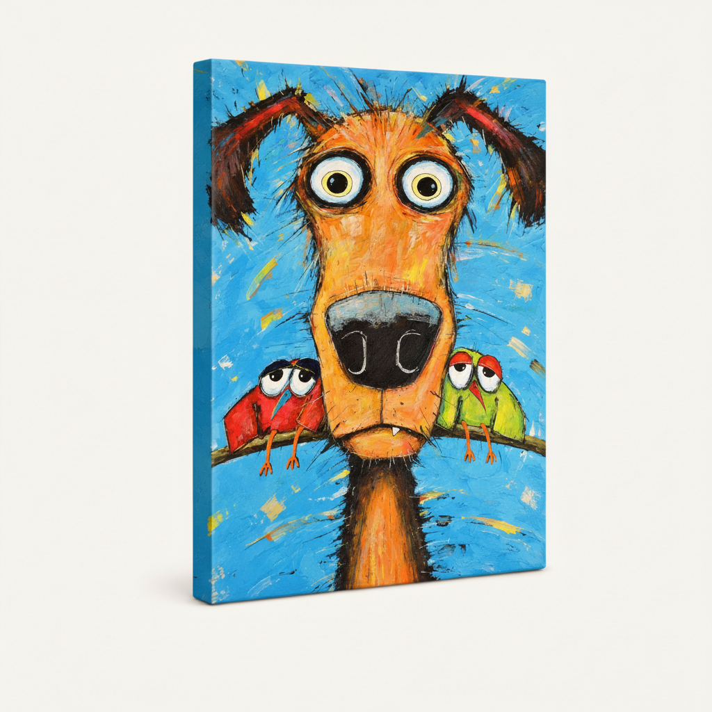 Gallery-wrapped canvas print of goofy dog with red and green birds, no frame, white background