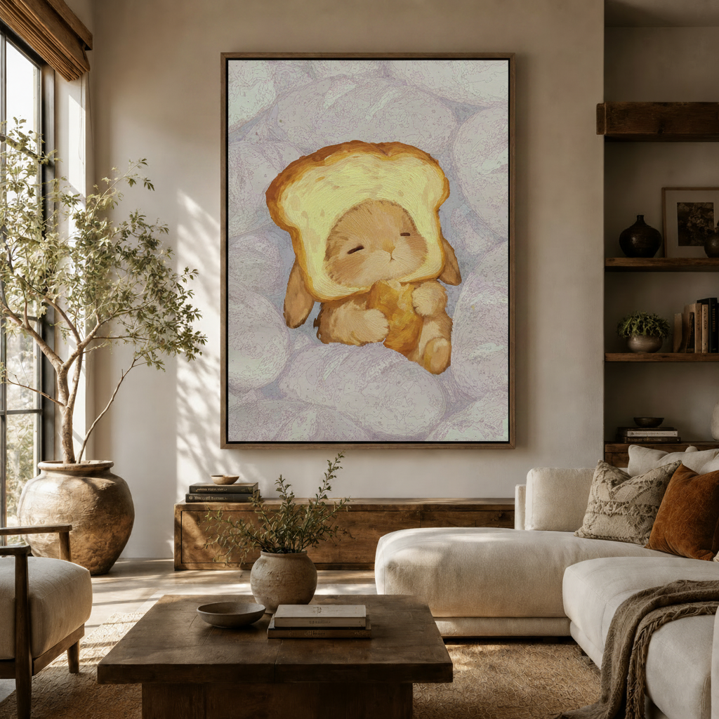 Kawaii sleeping bunny toast hat cozy impasto canvas in walnut frame above rustic sideboard in warm living room