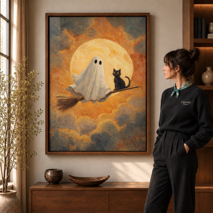 Walnut-framed ghost and black cat Halloween art above a console beside a standing woman.