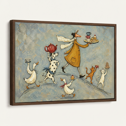 Framed canvas whimsical tea party parade art product mockup on white background angled view