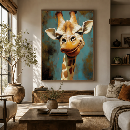 Bold teal brushstroke giraffe portrait canvas hanging above sideboard in warm neutral living room