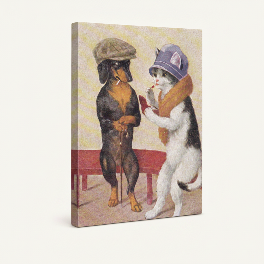 Vintage anthropomorphic animal canvas print shown as gallery wrap with visible side depth on off-white background