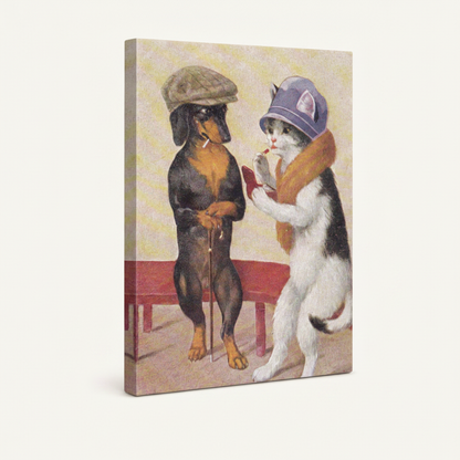 Vintage anthropomorphic animal canvas print shown as gallery wrap with visible side depth on off-white background