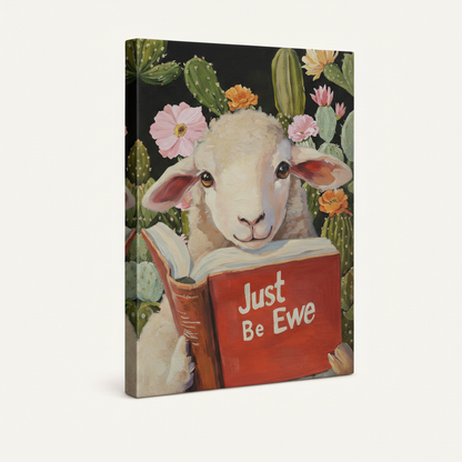 Gallery-wrapped whimsical lamb canvas print side angle showing clean wrapped edges