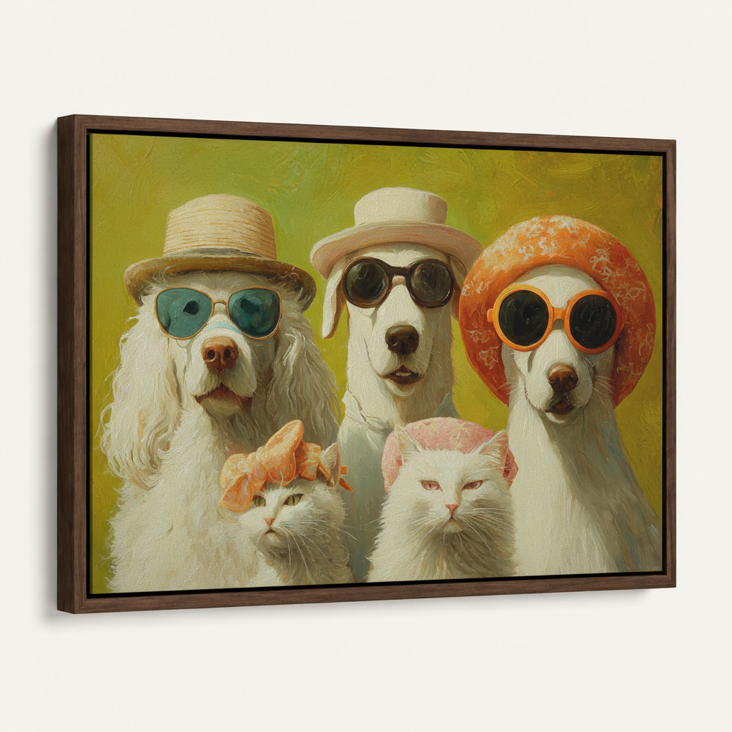 Dogs cats impressionist portrait in dark walnut float frame, product angle view on white background