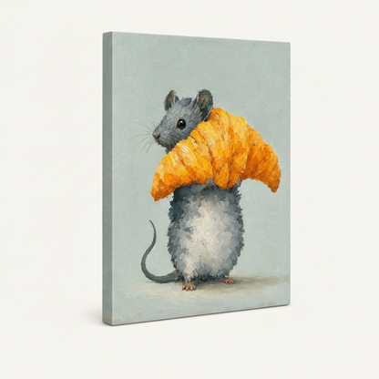 Gallery wrap canvas of gray mouse holding oversized croissant, angled product view on white background
