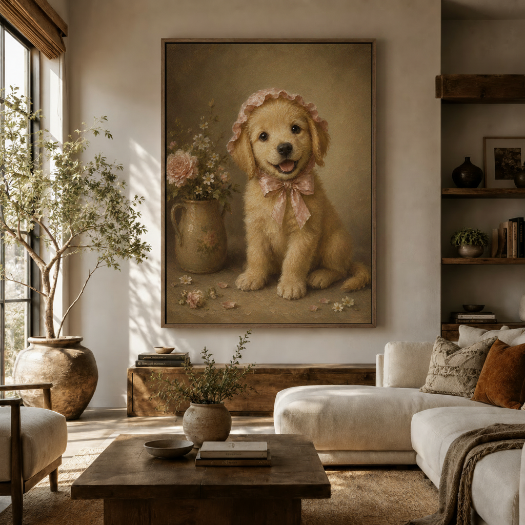 Sweet Victorian golden retriever puppy pink bonnet canvas in walnut frame above rustic sideboard in warm living room
