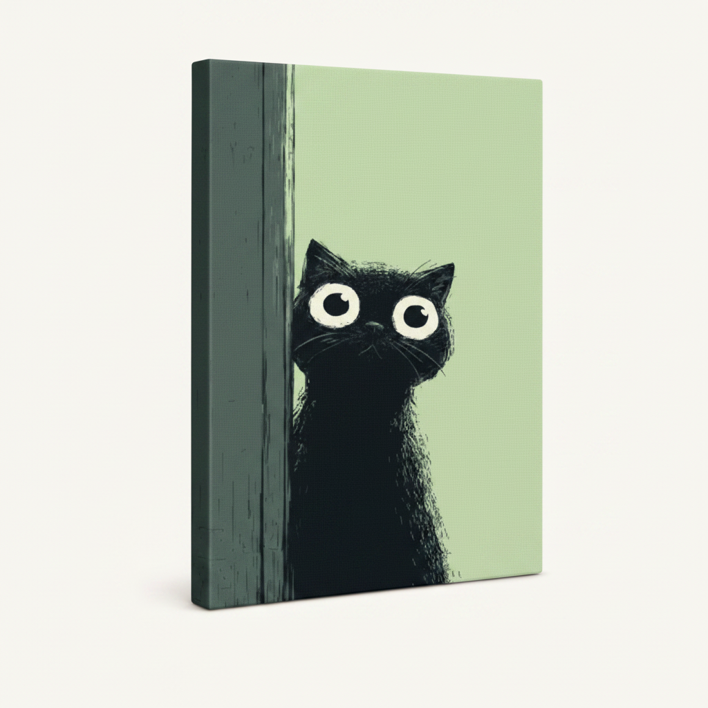 Gallery-wrapped black cat minimalist canvas print on white background, angled 3/4 side view