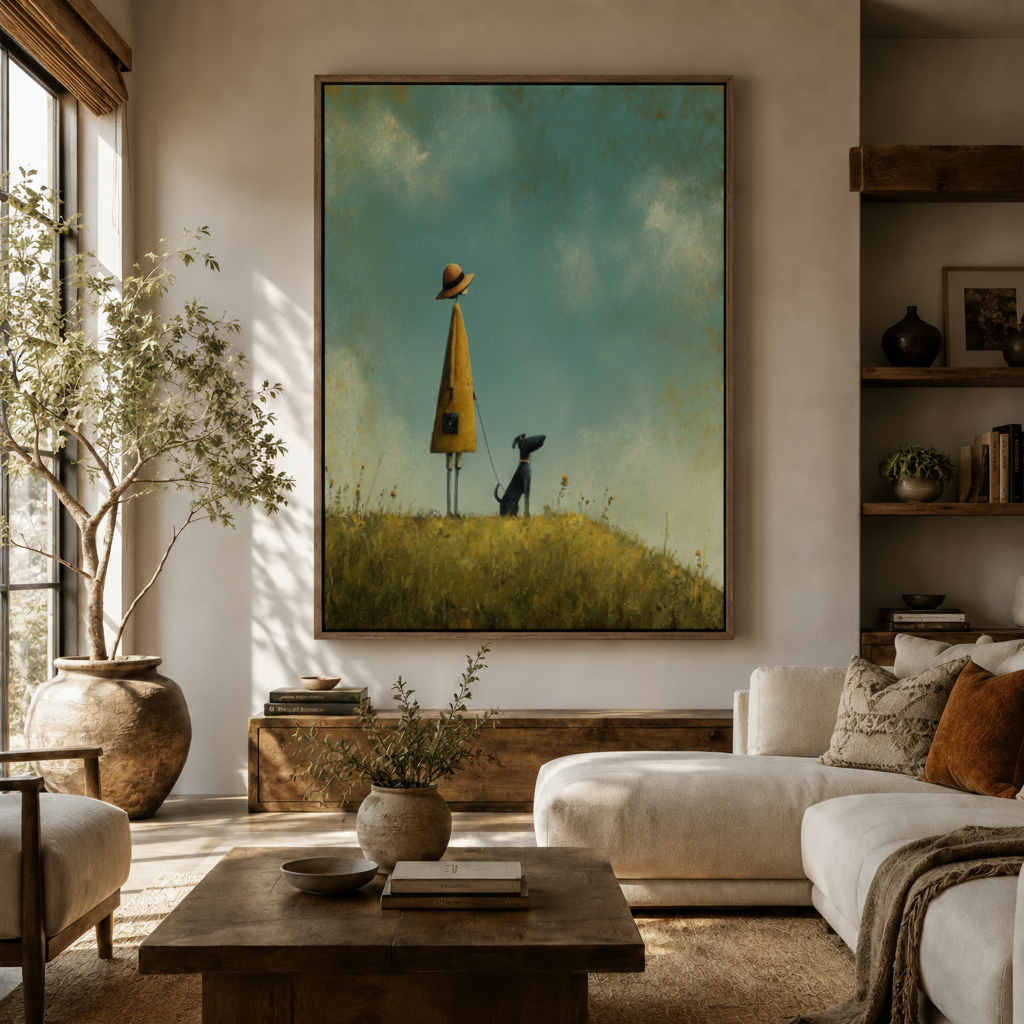 Whimsical naive style girl and dog canvas displayed above sideboard in warm modern living room with olive tree