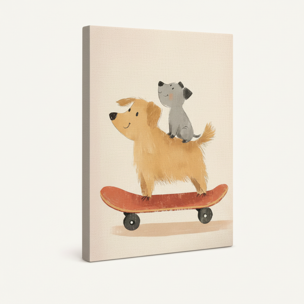 Gallery-wrapped dog and cat skateboard canvas print shown at angle on white background