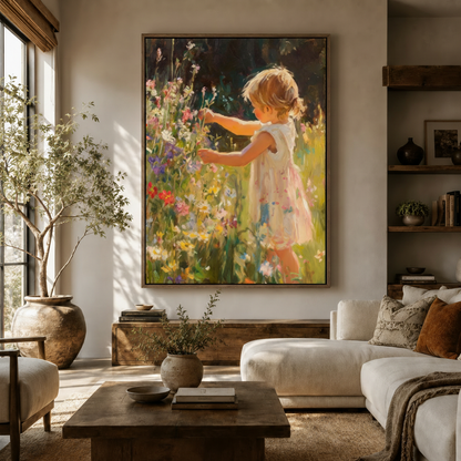 Large little girl wildflower canvas wall art hung above sideboard in warm modern living room