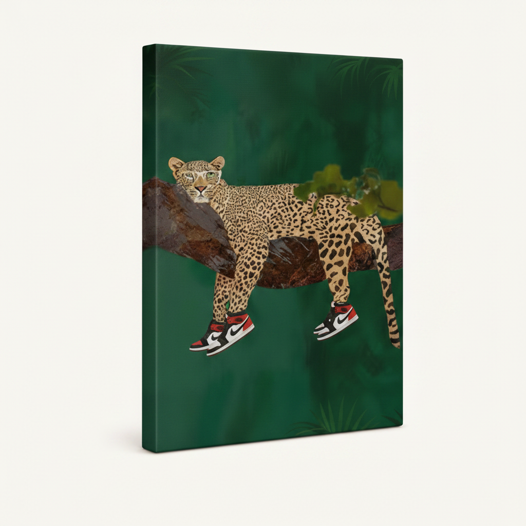 Gallery-wrapped leopard streetwear canvas side view showing artwork depth and texture