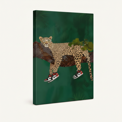 Gallery-wrapped leopard streetwear canvas side view showing artwork depth and texture