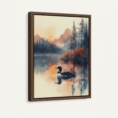 Framed loon sunset watercolor canvas print with dark walnut floating frame on clean cream background