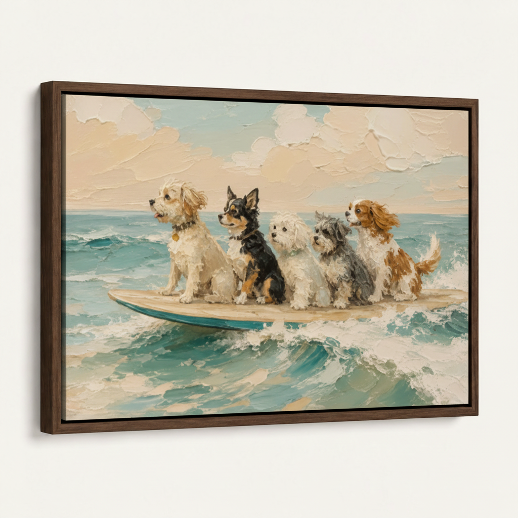 Close view of five dogs riding a surfboard through turquoise ocean waves