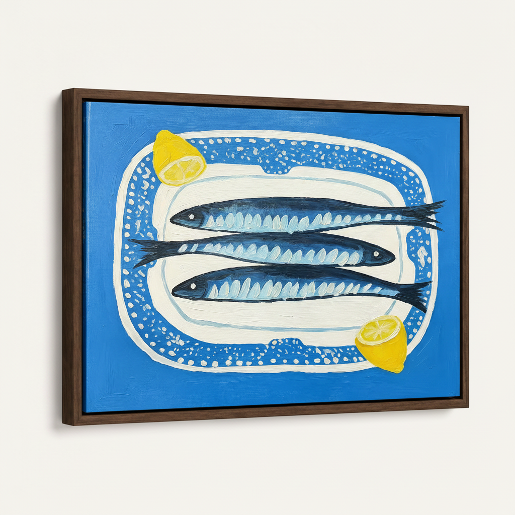 Framed sardines Mediterranean still life canvas print in dark walnut float frame, angled product view