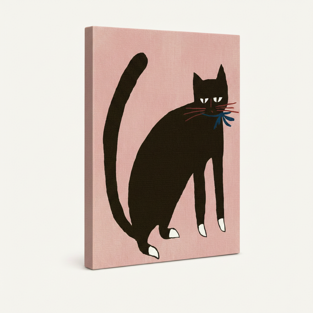 Gallery-wrapped black cat folk art canvas print shown at angle on cream background, side depth visible