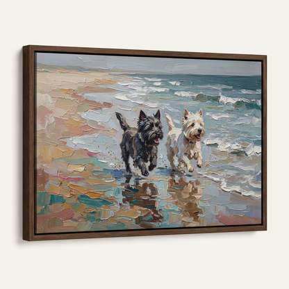 Framed beach dogs impasto canvas print with dark walnut float frame angled product view