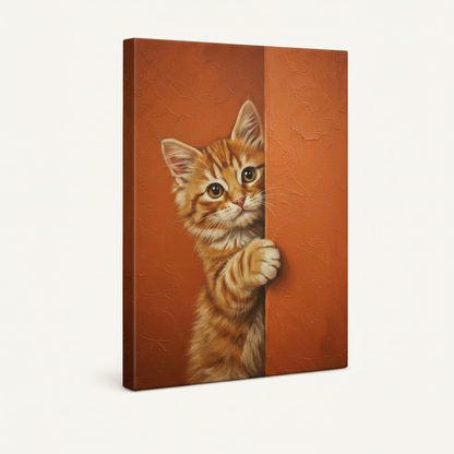 Gallery-wrapped curious kitten canvas side view showing artwork depth and warm terracotta tones