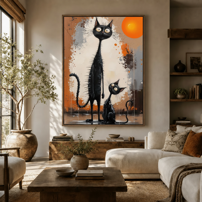 Bold black cat and kitten abstract canvas wall art hanging in warm modern living room with olive tree