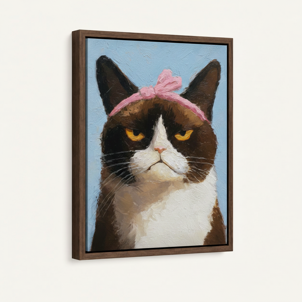 Grumpy cat impasto portrait in dark walnut floater frame on white background, 45-degree angle view