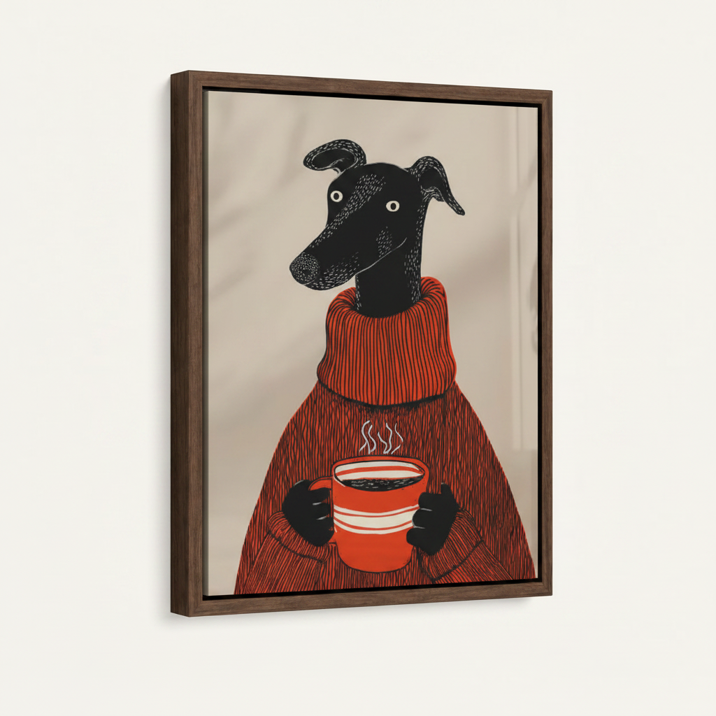 Greyhound art print in dark walnut floater frame shown at angle on white background