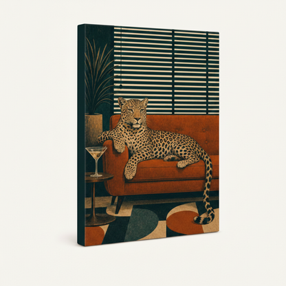 Gallery-wrapped leopard canvas print with dark wrapped edges shown at angle on off-white background
