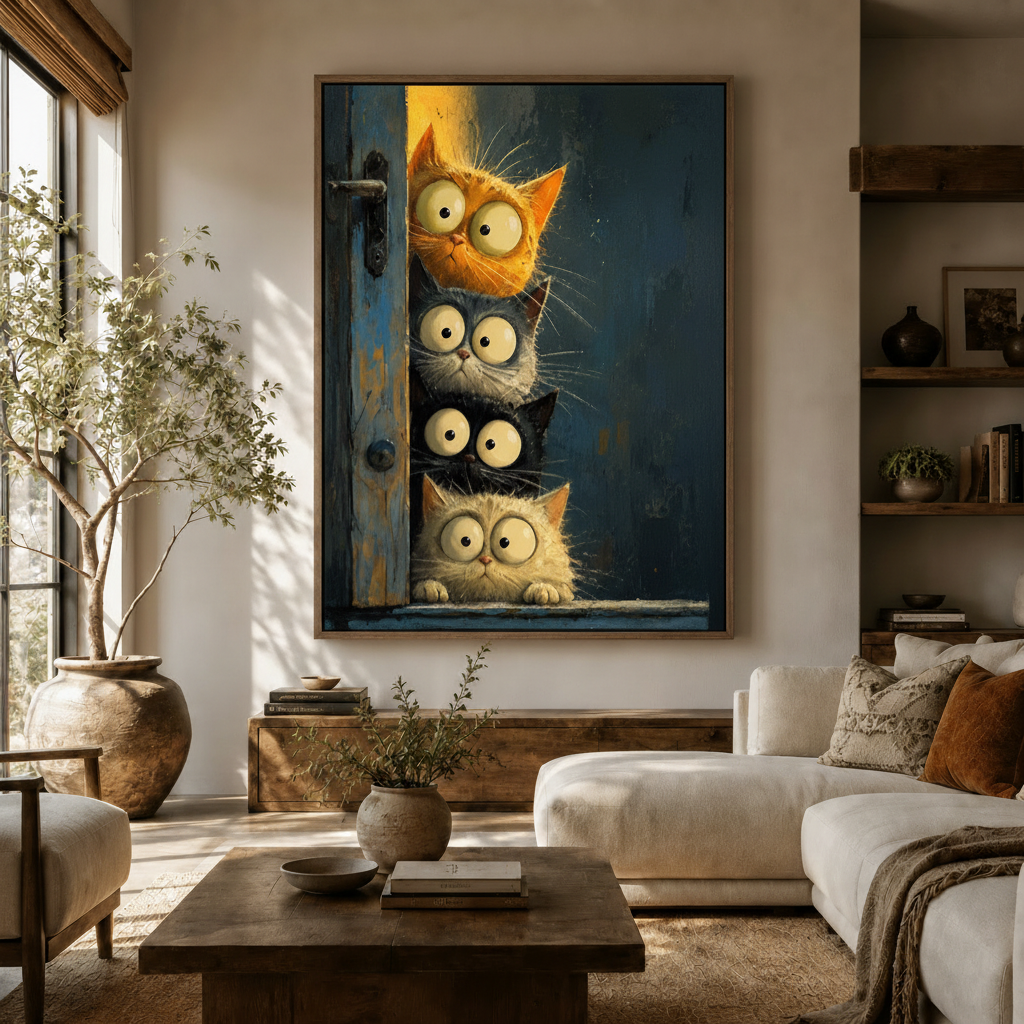 Four curious cats blue door canvas wall art hanging in warm modern living room with olive tree and sofa