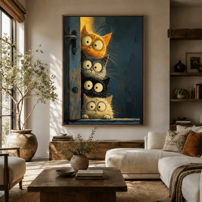 Four curious cats blue door canvas wall art hanging in warm modern living room with olive tree and sofa