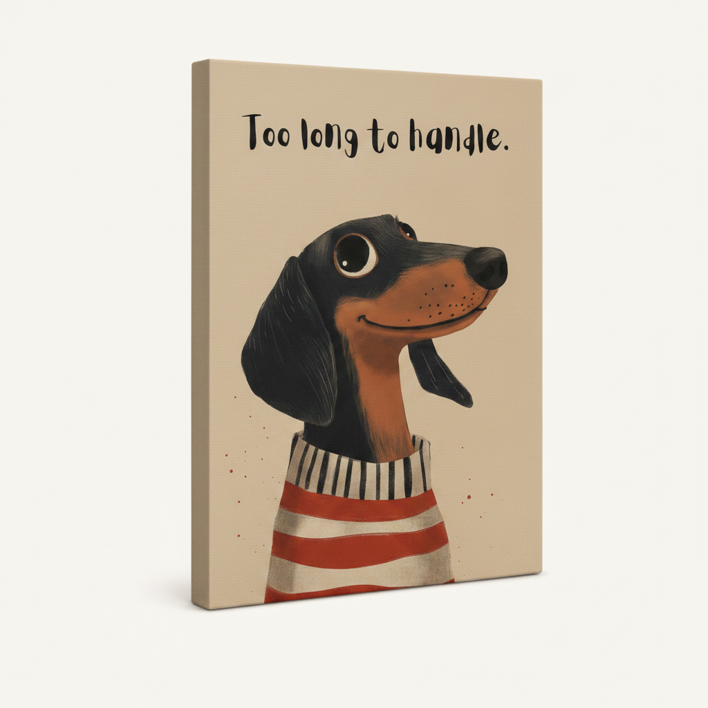 Gallery wrapped dachshund canvas shown at angle on cream background, no frame