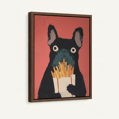 Framed French Bulldog pop art canvas with dark walnut floating frame shown at an angle on white background