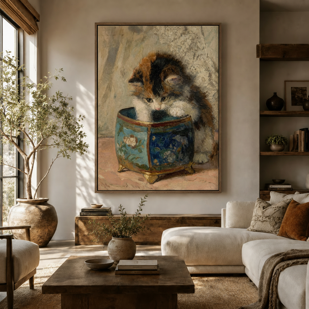 Elegant Victorian kitten jewelry box portrait canvas in walnut frame above rustic sideboard in warm living room