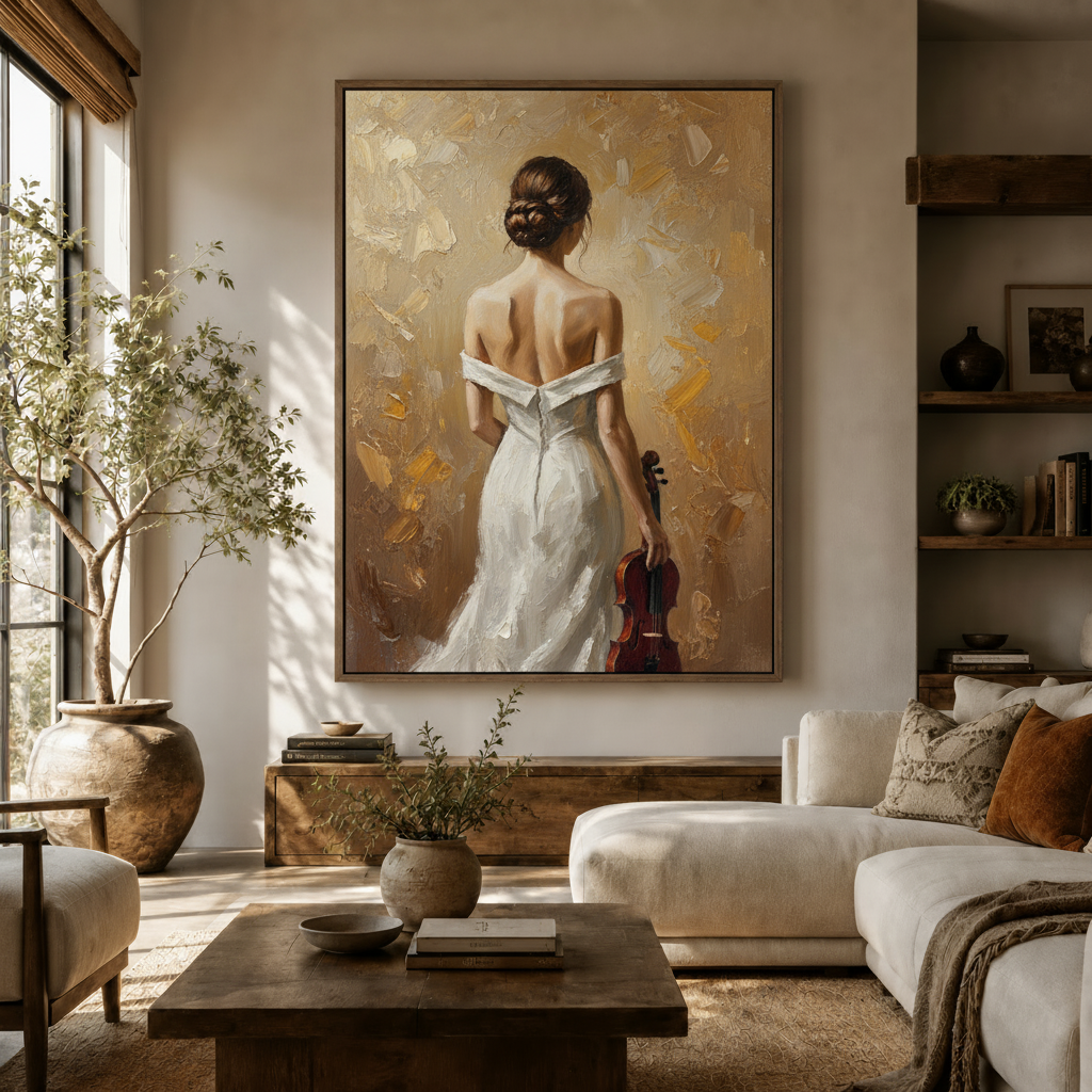 Violin woman figurative canvas hung above sideboard in warm modern living room with olive tree and natural light