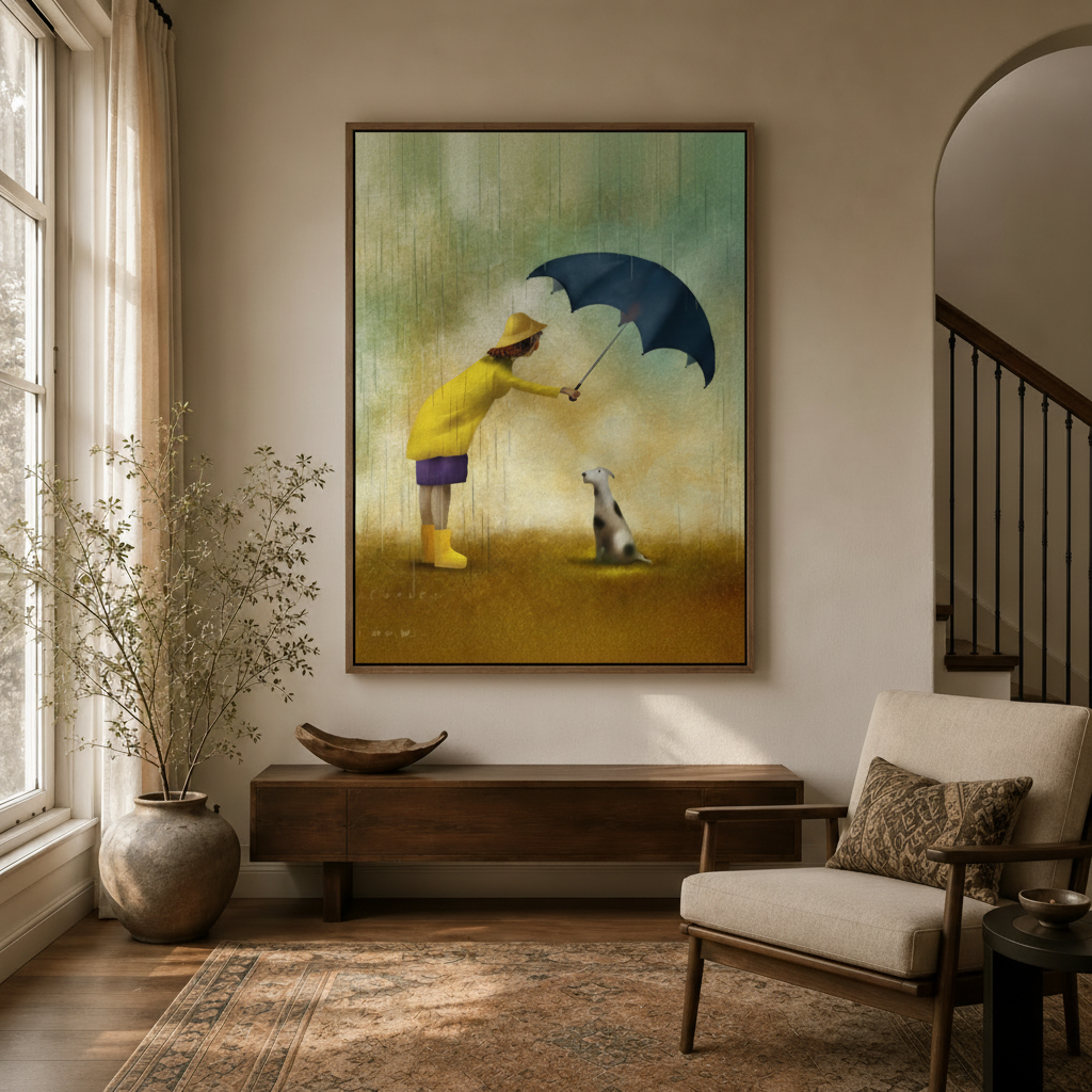 Framed canvas wall art of girl in yellow raincoat holding umbrella over dog, displayed in a warm entryway