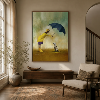 Framed canvas wall art of girl in yellow raincoat holding umbrella over dog, displayed in a warm entryway