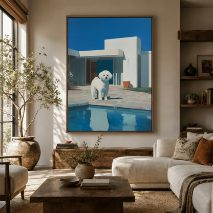 Photorealistic white dog poolside canvas wall art hanging in warm modern living room with olive tree and sofa