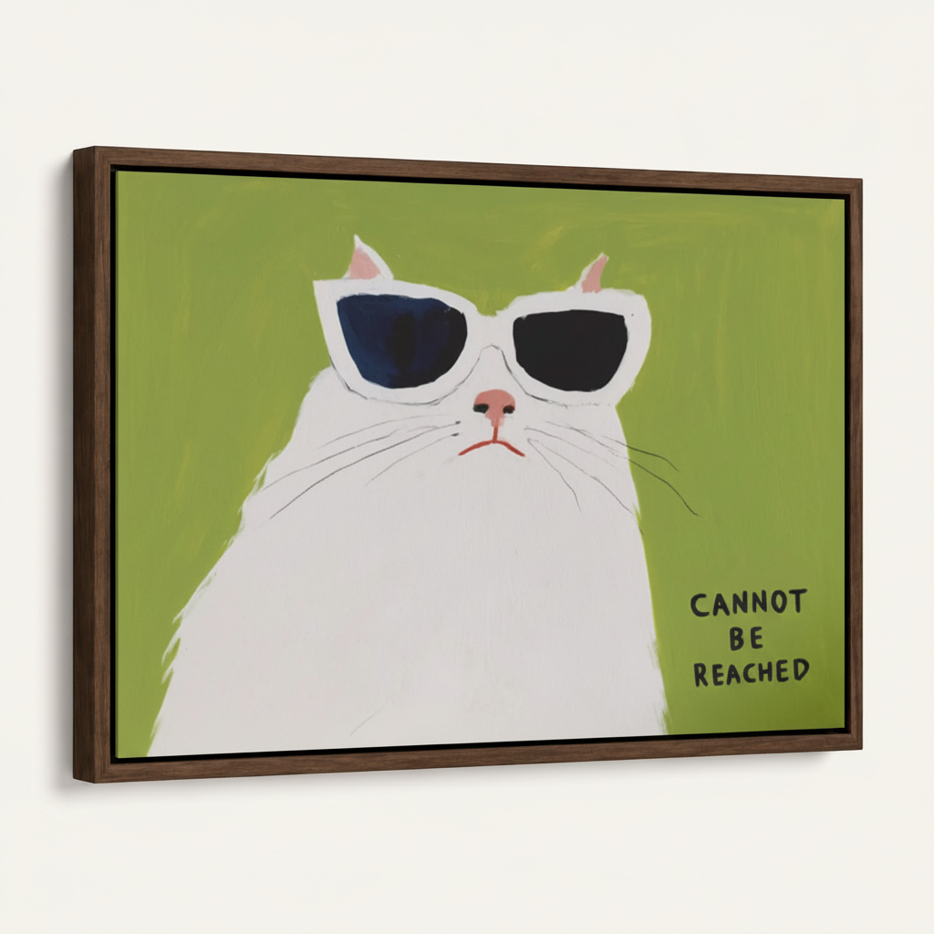 White cat "cannot be reached" canvas in dark walnut float frame, product angle on white background
