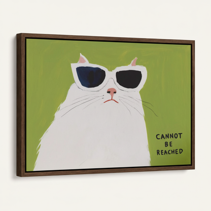 White cat "cannot be reached" canvas in dark walnut float frame, product angle on white background