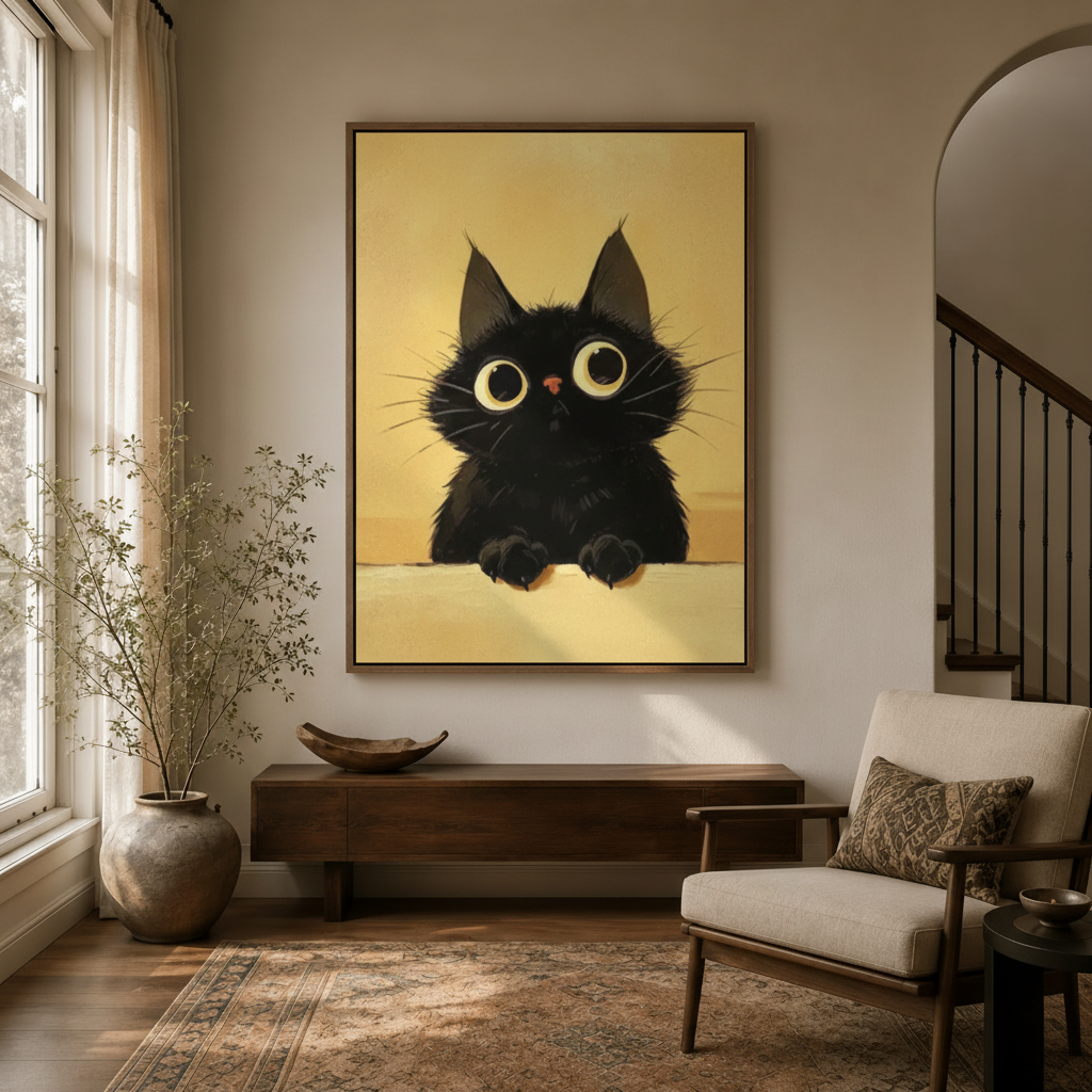 Adorable black kitten wall art in walnut frame displayed in warm modern entryway