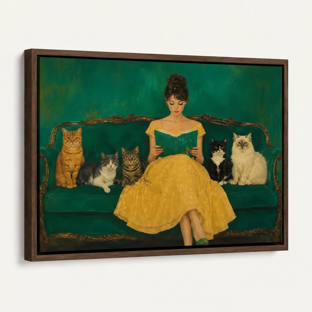 Dark walnut float frame canvas print of lady reading with cats at 45-degree angle on white background