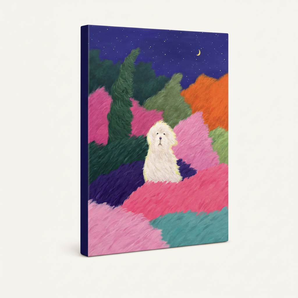 Gallery-wrapped white dog starry night impasto canvas print angled view showing navy blue wrapped sides and texture detail