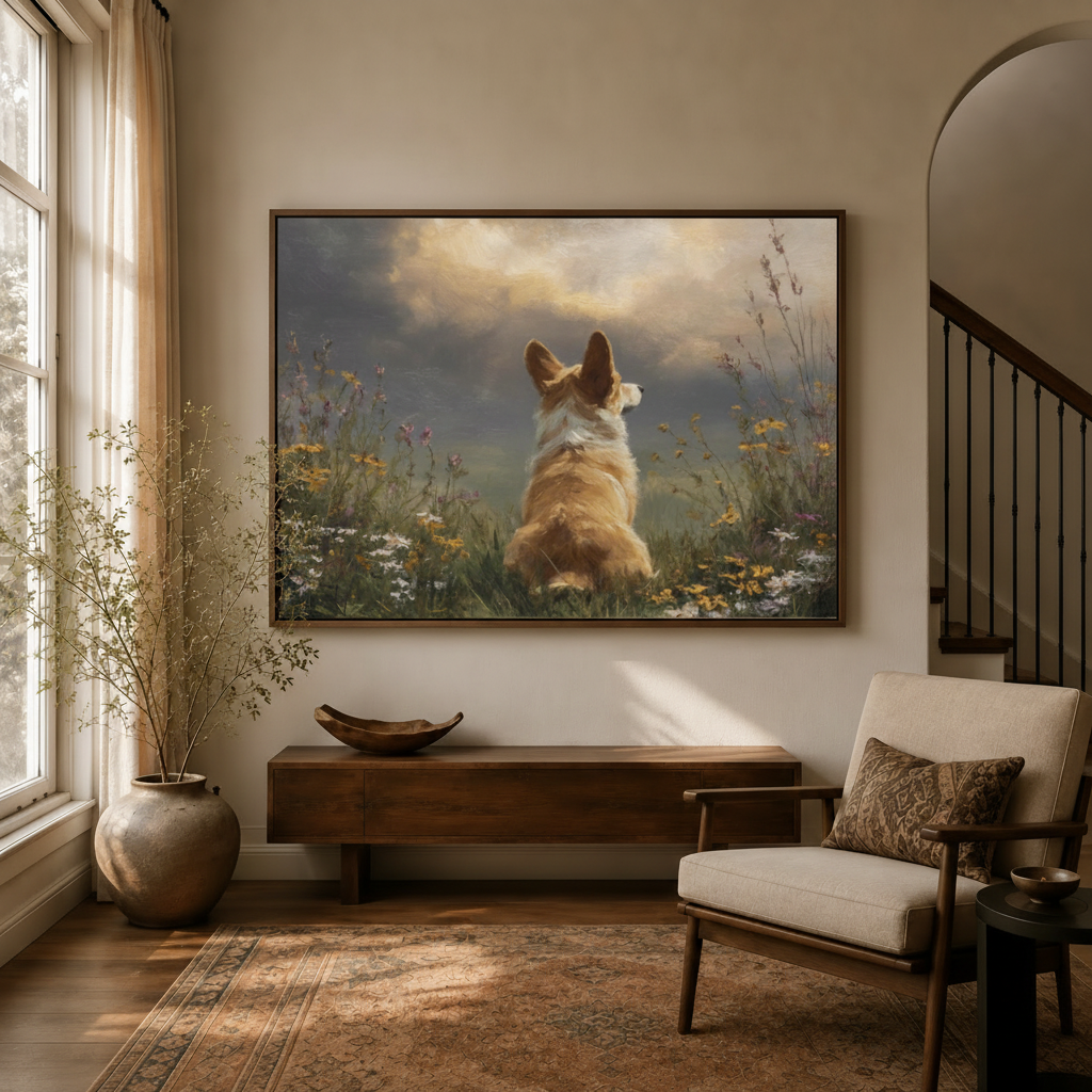Classical corgi gazing at sky canvas art hanging in warm entryway beside staircase and armchair