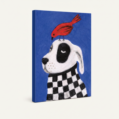 Gallery-wrapped dalmatian folk art dog canvas print on white background, angled 3/4 side view