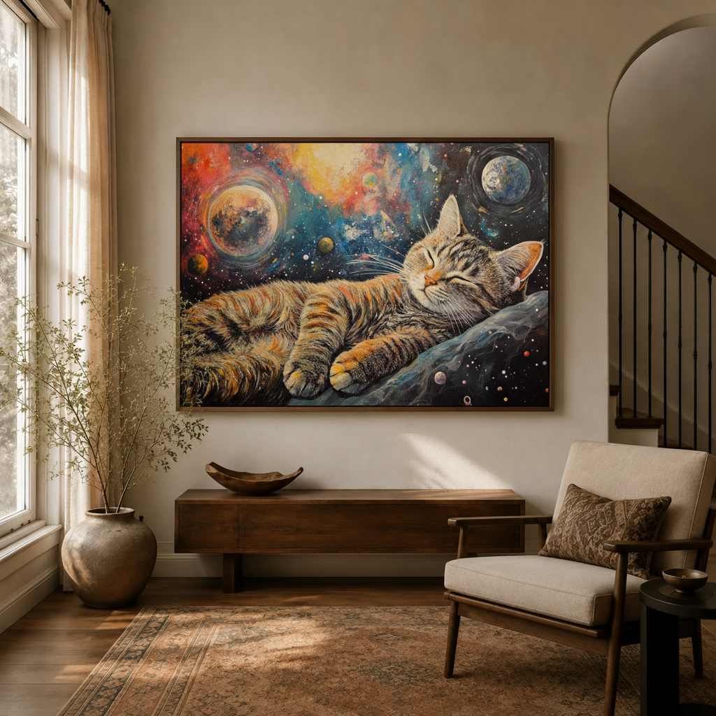 Sleeping cat galaxy space impasto canvas art hanging in warm entryway beside staircase and linen armchair