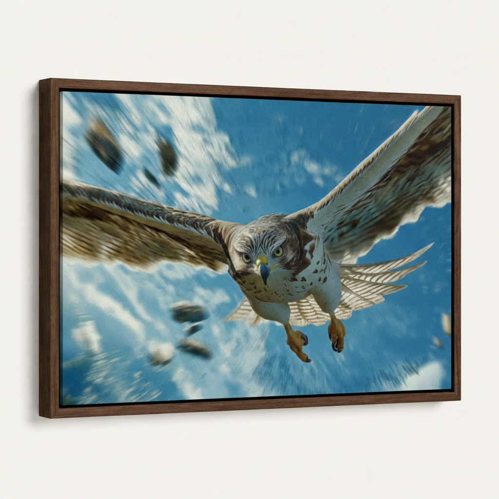 Dark walnut floater frame canvas of hyperrealistic falcon in flight on off-white background, angled product view