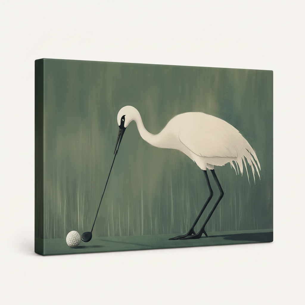 Gallery-wrapped funny bird golf canvas print shown at angle on clean cream background