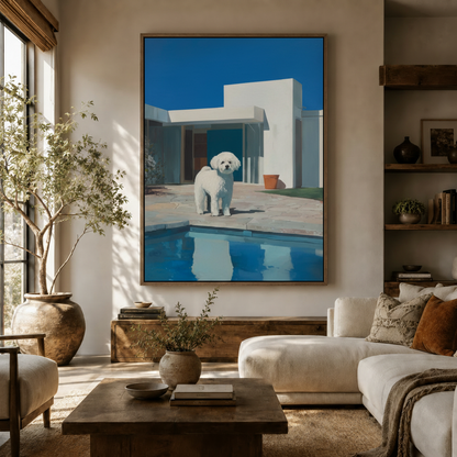 Photorealistic white dog poolside canvas wall art hanging in warm modern living room with olive tree and sofa