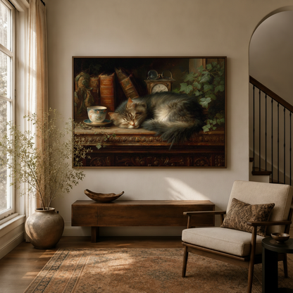 Dark academia gray cat sleeping desk canvas above console in warm golden entryway beside linen armchair